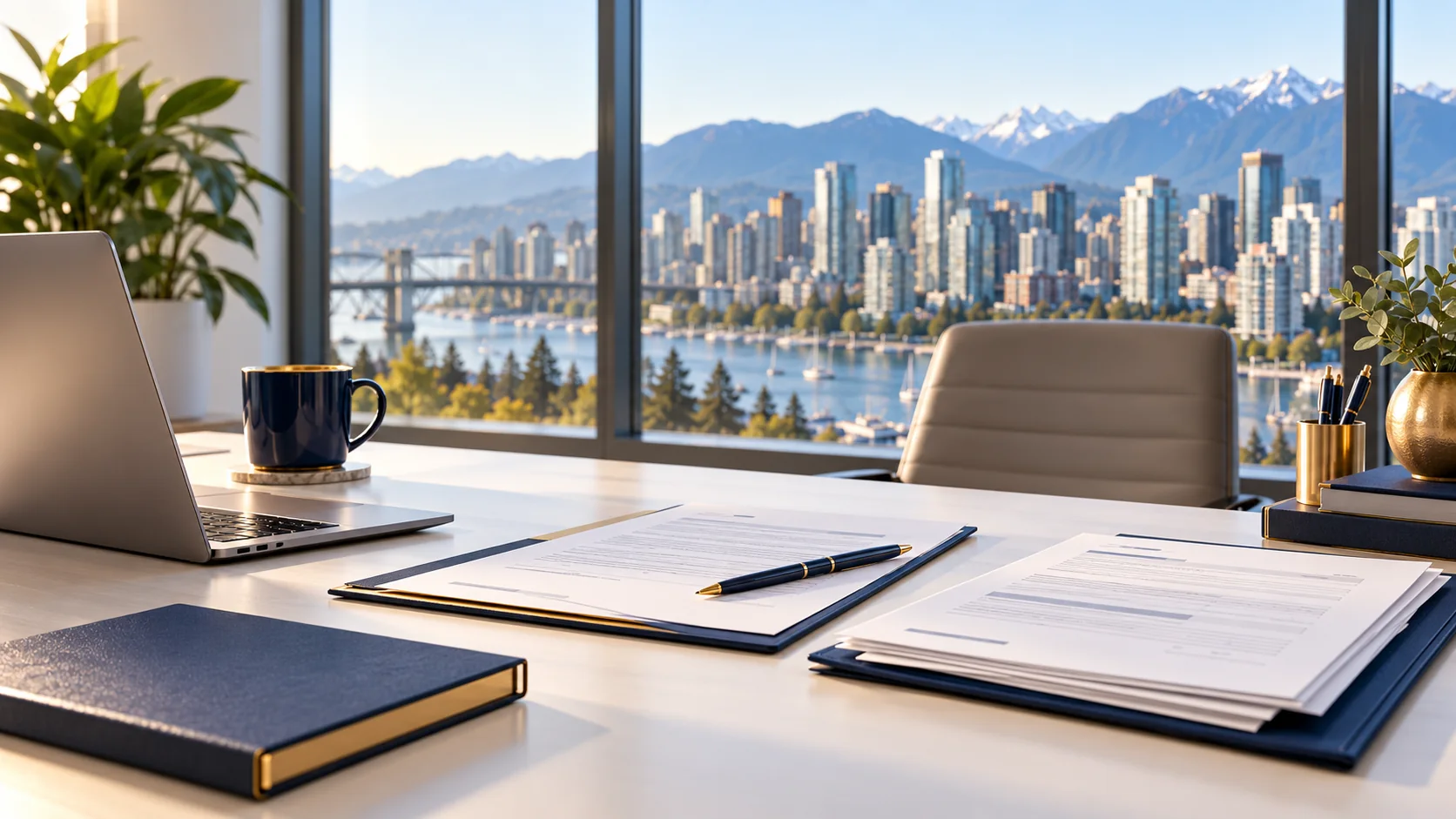 Professional application documents in a Vancouver office overlooking the city and mountains