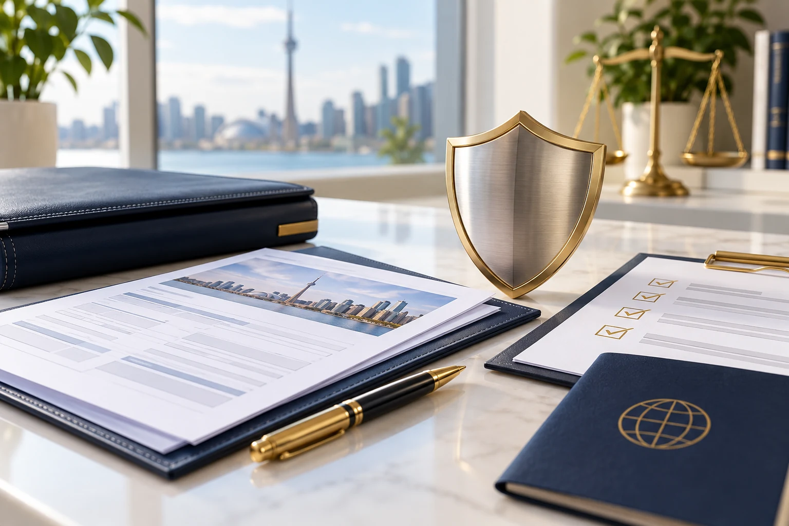 Immigration documents and a protective shield on a professional office desk